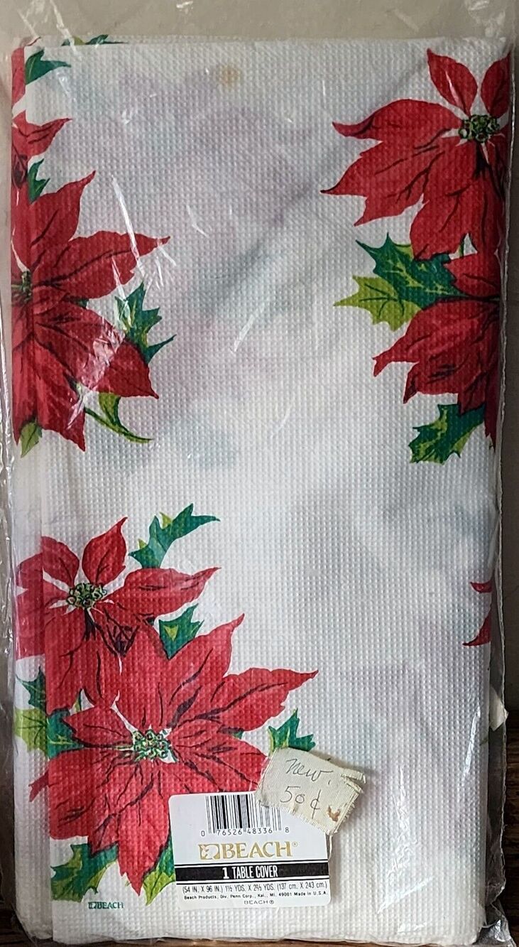 Christmas Poinsettia Paper Table Cover Vintage NOS 54 x 96 Beach Brand